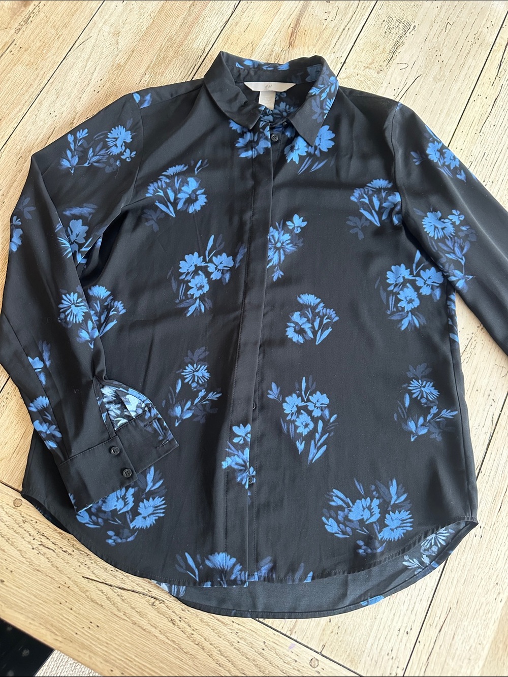 H&M Black Button-Down Shirt with Blue Floral Print